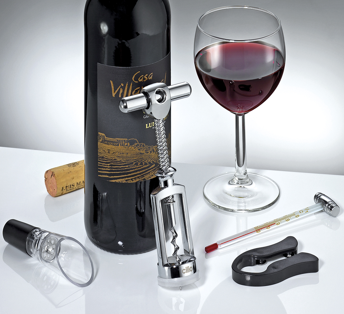 350159 350159 Elegantní sada na víno pro vinaře LOMBARDIA obsahuje vývrtka, nálevka na víno, řezačka fólie, otvírák a teploměr